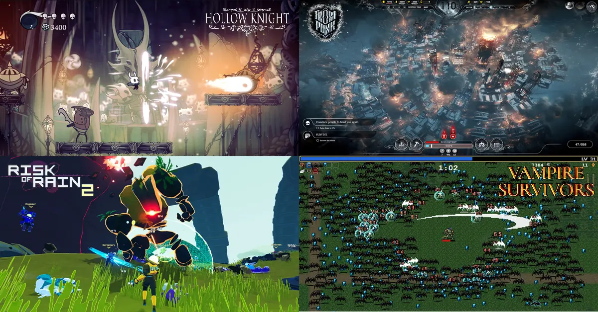 Cuatro paneles divididos que muestran arte conceptual de juego de Frostpunk, Hollow Knight, Risk of Rain 2 y Vampire Survivors