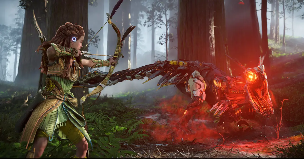 Aloy tensando su arco contra una gran criatura mecánica en un vibrante entorno selvático en Horizon Forbidden West.
