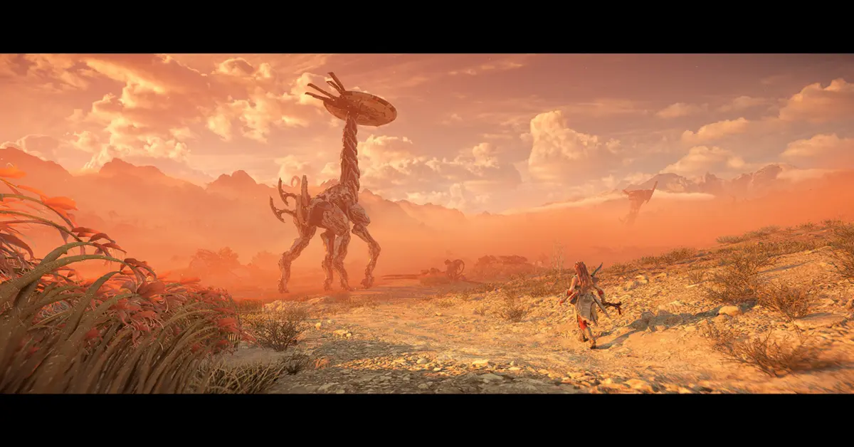 Captura de pantalla de juego de Aloy explorando un paisaje mecánico en ruinas en Horizon Forbidden West en PC.