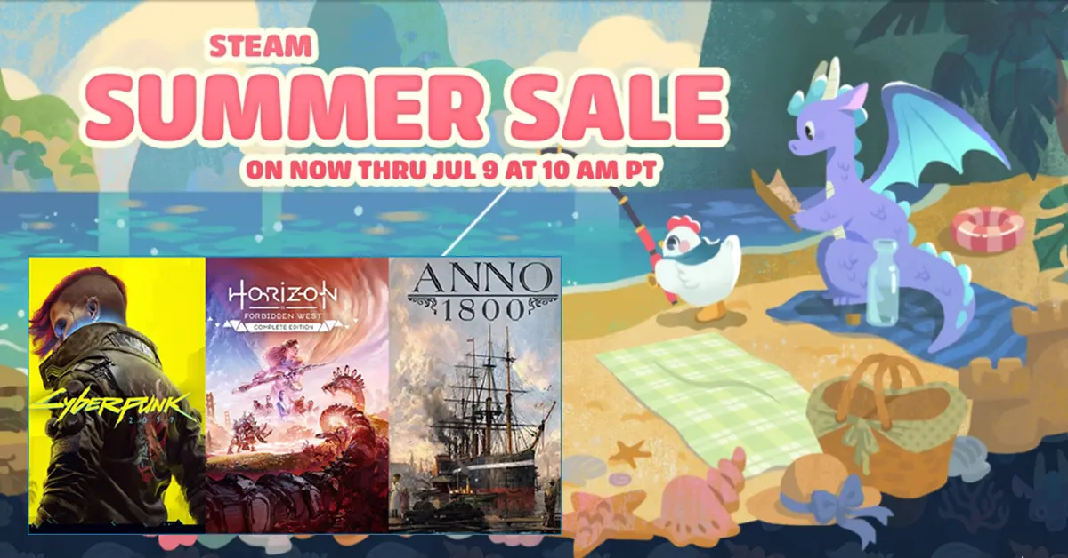 Imagen de descuento de paquetes de las Rebajas de Verano de Steam con Cyberpunk 2077, Horizon Forbidden West y Anno 1800