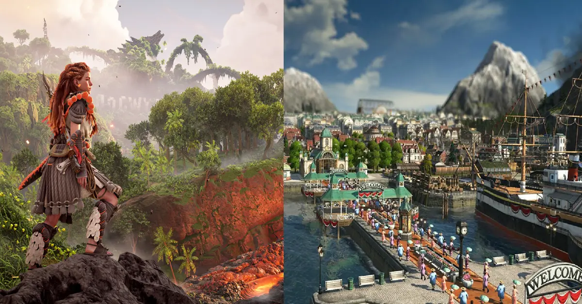 Imagen dividida que muestra los entornos exuberantes y llenos de vegetación de Horizon Forbidden West a la izquierda y una densa ciudad victoriana industrializada en Anno 1800 a la derecha.
