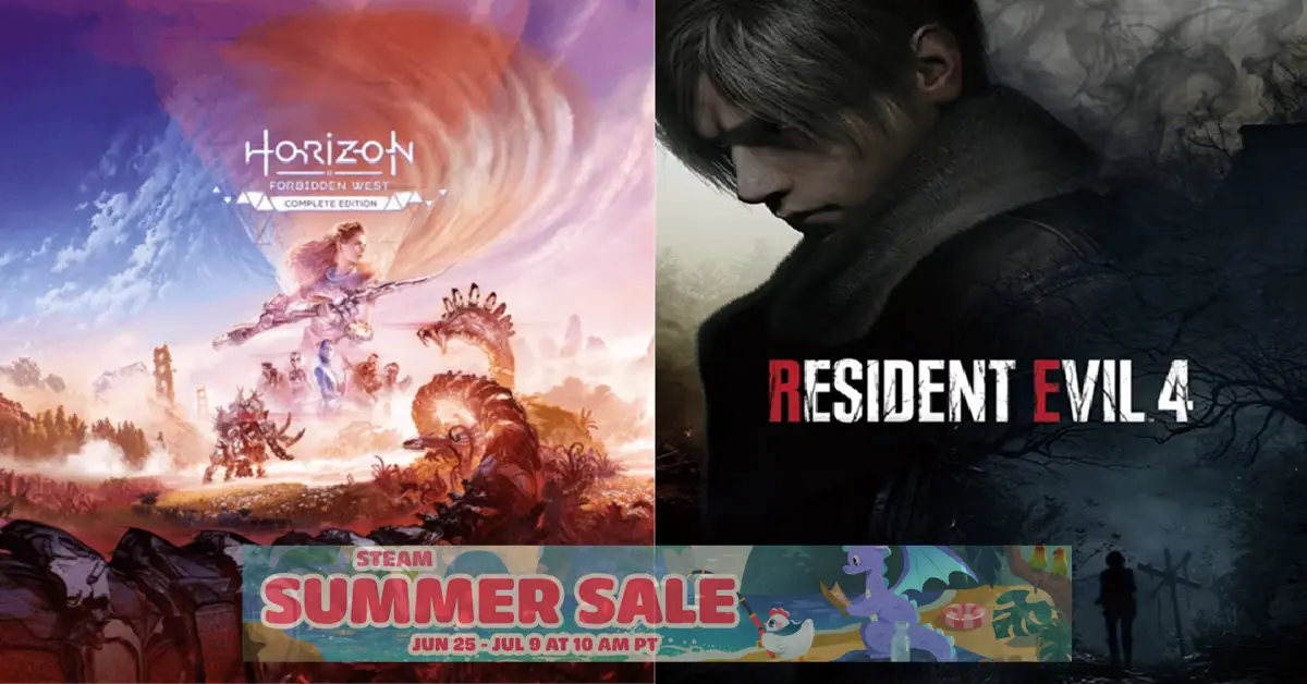 Una pantalla dividida que muestra el logotipo de las Rebajas de Verano de Steam finalizando junto a portadas de juegos de PC de Resident Evil 4 y Horizon Forbidden West.
