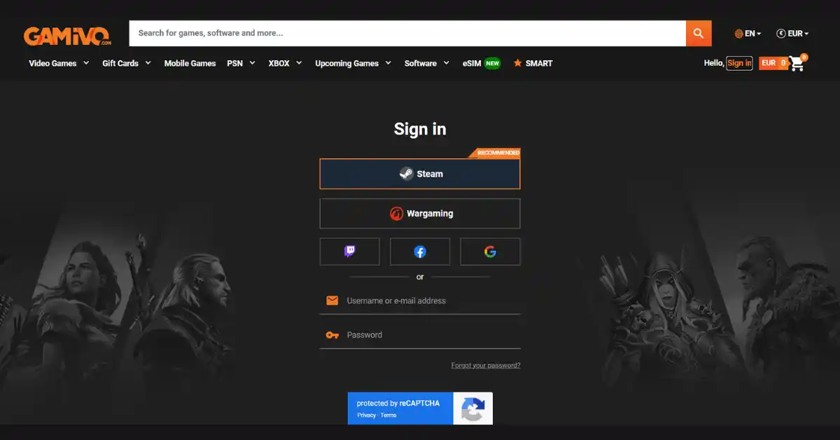 Inicio de sesión en la cuenta de GAMIVO