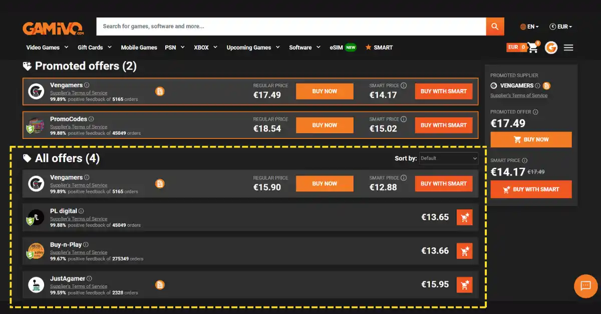 Sección TODAS LAS OFERTAS de GAMIVO