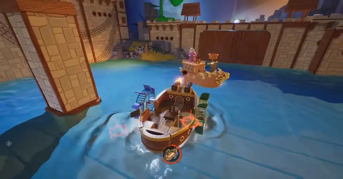 Cody y May peleando contra un jefe gigante en un barco pirata de madera en It Takes Two