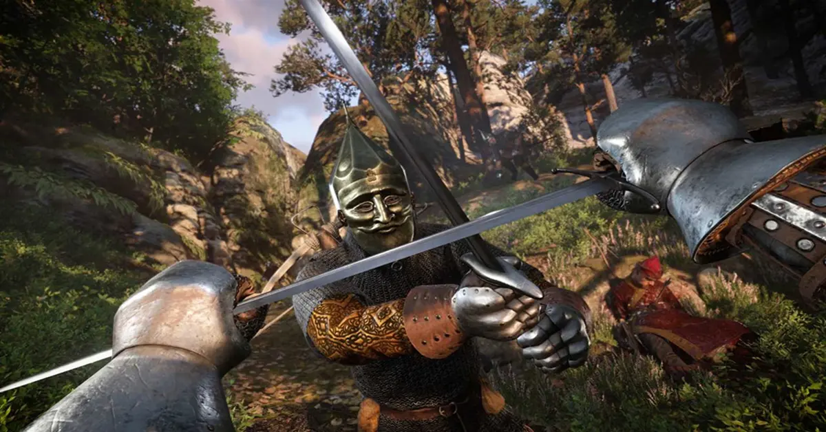 Una vista en primera persona de un duelo de espada larga medieval en un claro del bosque en Kingdom Come: Deliverance.