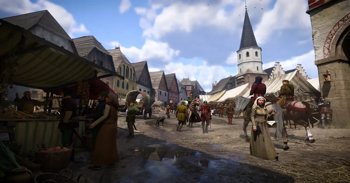 Henry de Skalitz montando a caballo a través de un detallado pueblo medieval en Kingdom Come 2