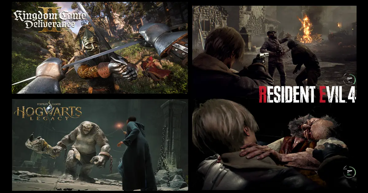 Un collage de escenas de Kingdom Come Deliverance 2, Resident Evil 4 Remake y Hogwarts Legacy mostrando mecánicas de juego