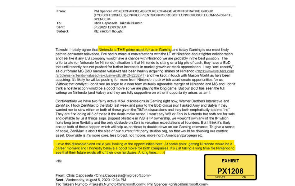 extracto del correo electrónico de Microsoft de 2020 sobre la adquisición de Nintendo
