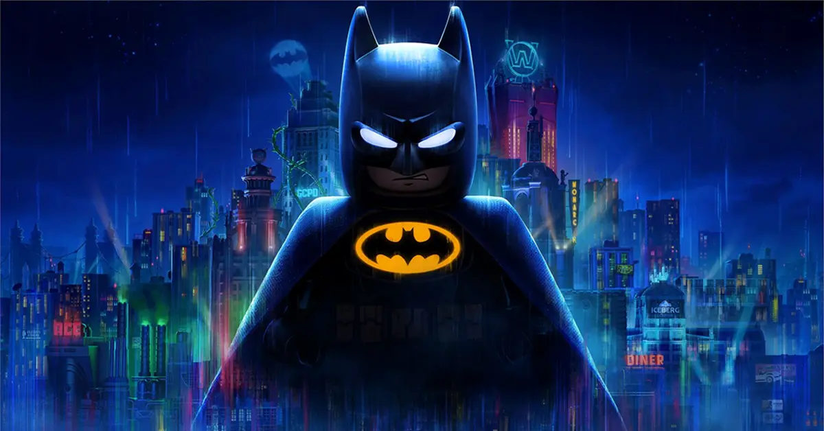 Arte de portada de LEGO Batman Legacy of the Dark Knight que muestra a Batman contemplando Gotham City