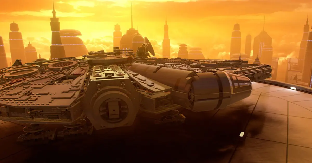 El Halcón Milenario volando hacia un ajetreado centro planetario en LEGO Star Wars