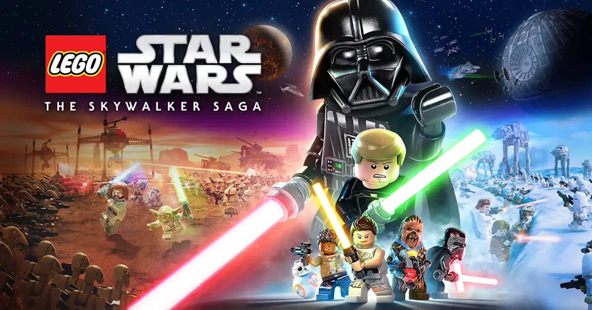 LEGO Luke Skywalker encendiendo su sable de luz azul contra un fondo desértico