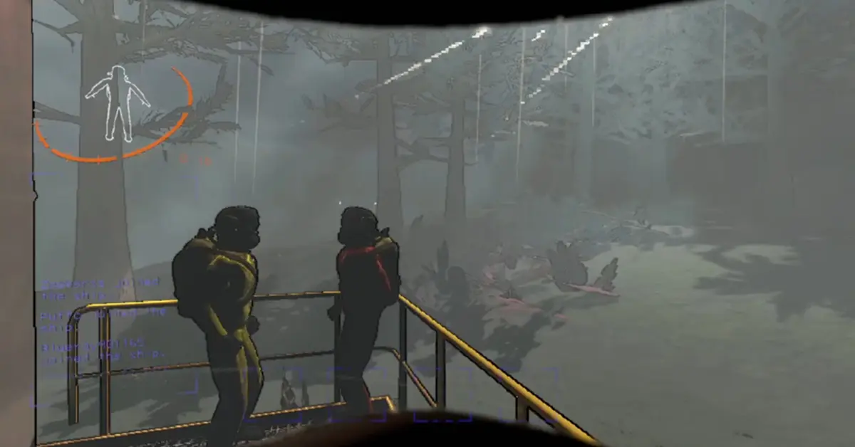 Un momento frenético de cooperación en Lethal Company donde un jugador es perseguido por un monstruo mientras sus compañeros observan desde la distancia.