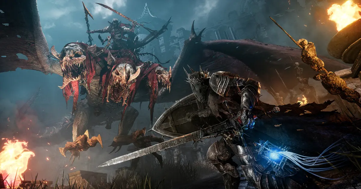 Protagonista de Lords of the Fallen sosteniendo una lámpara en un entorno de fantasía oscura.