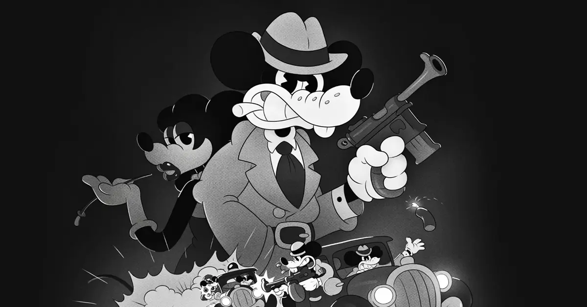 Jack Pepper recorriendo un callejón oscuro en MOUSE: P.I. For Hire con revólveres desenfundados.