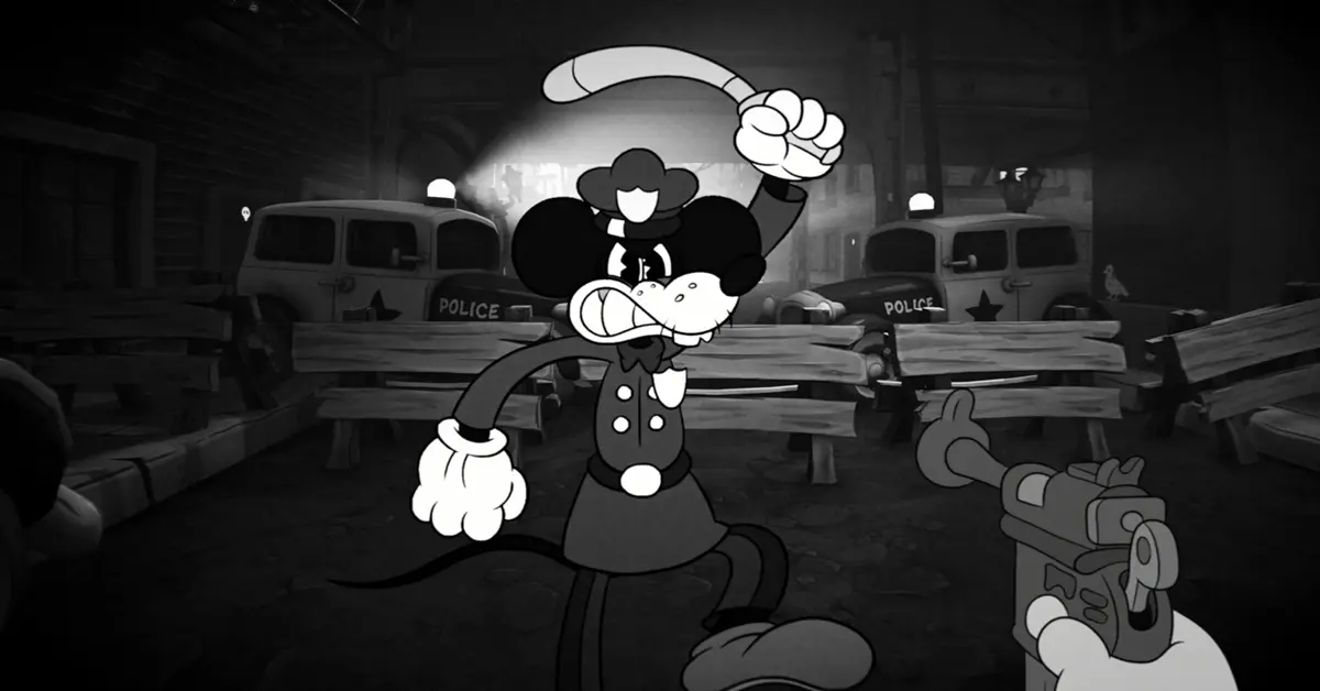 Captura de pantalla de Mouse P.I. For Hire, FPS con estilo rubber-hose de los años 30.