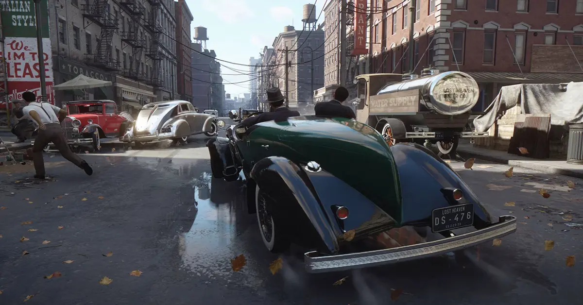 Captura de pantalla de la jugabilidad mostrando las mecánicas de conducción en Mafia Definitive Edition