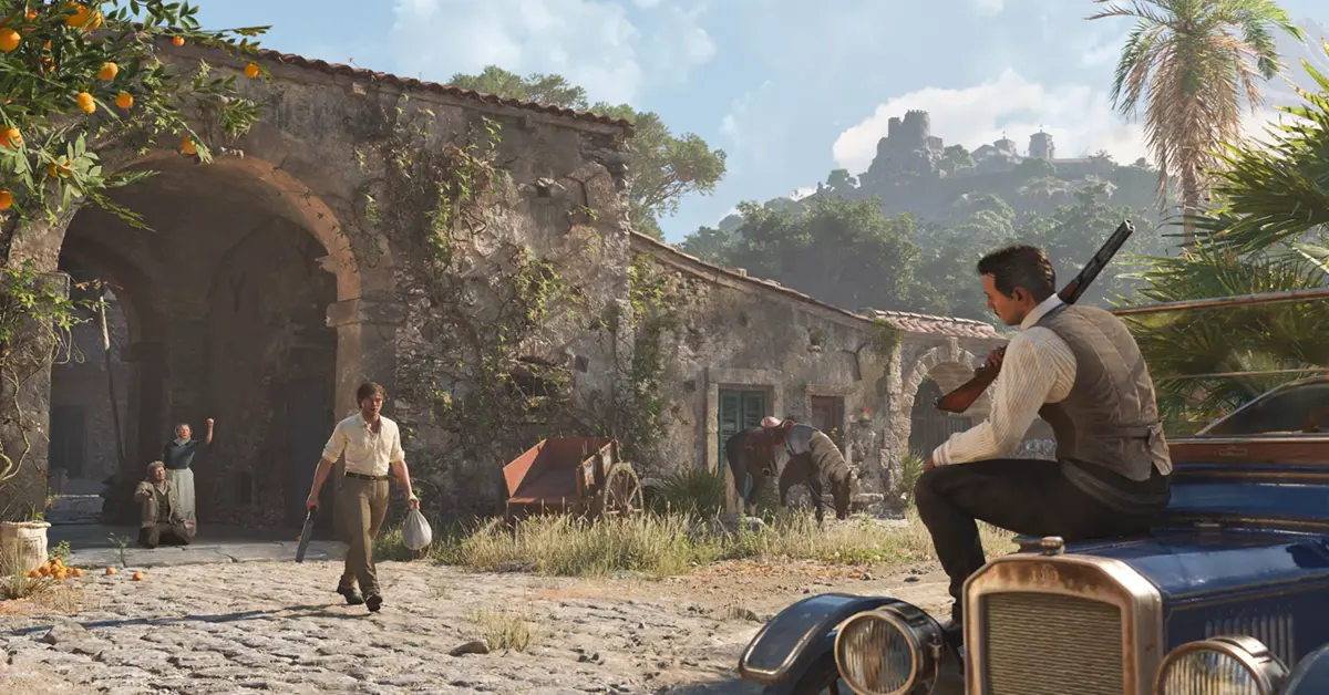 Tommy Angelo y Vito Scaletta de la trilogía Mafia junto a un paisaje siciliano de la década de 1900 de The Old Country