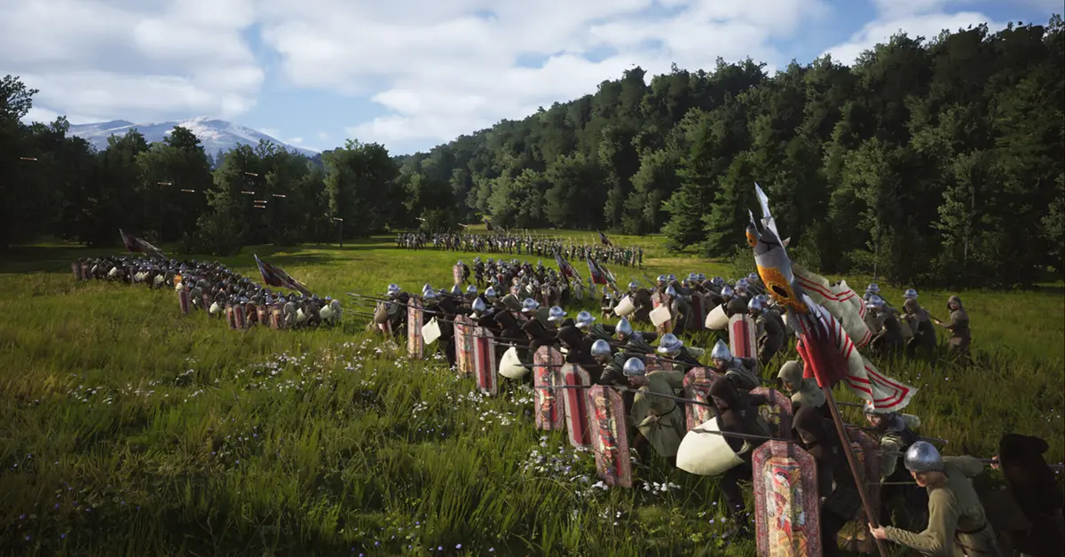 Una formación de lanceros medievales entablando un combate táctico en Manor Lords en PC.
