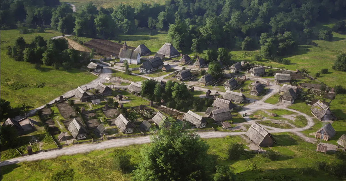 Una extensa aldea medieval construida en Manor Lords en Windows PC, con caminos de tierra, estructuras de madera y trabajadores campesinos.