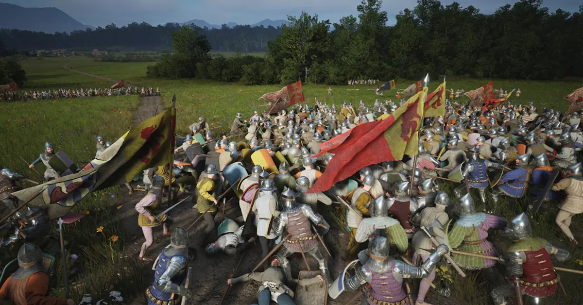 Vista cenital de una batalla táctica medieval en Manor Lords con arqueros disparando a la infantería que avanza