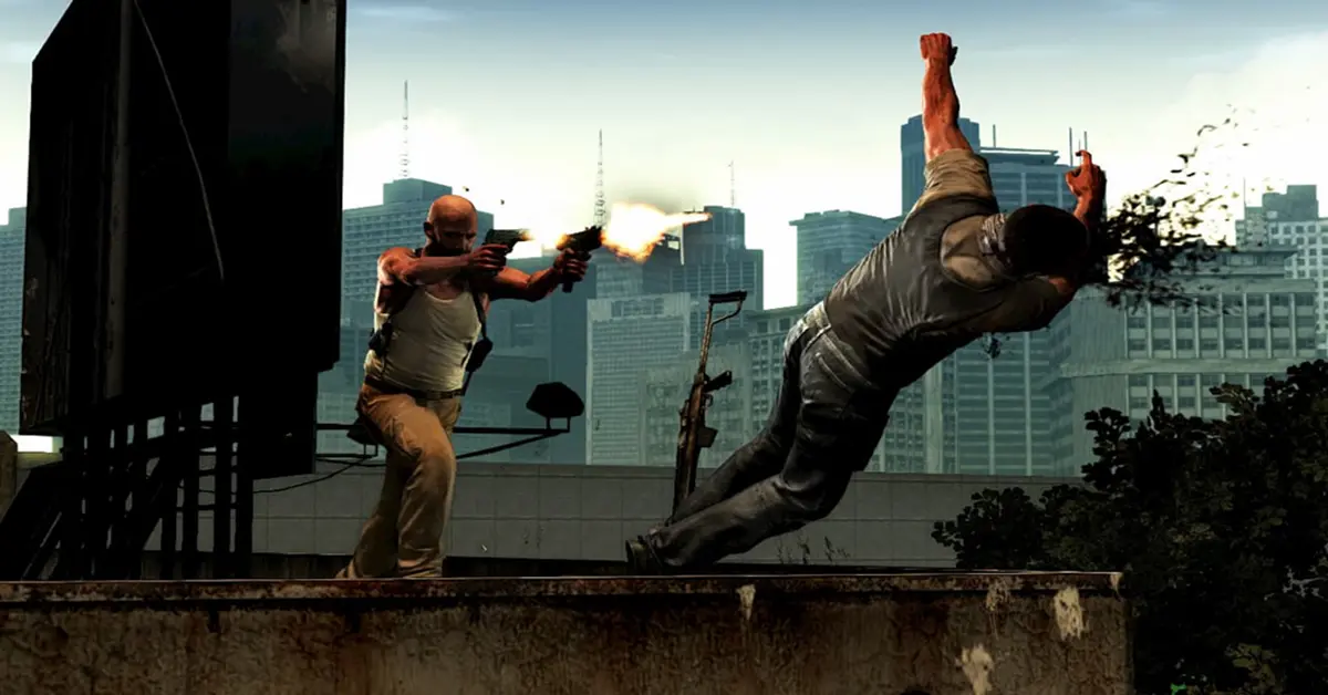 Max Payne saltando por los aires a cámara lenta mientras dispara pistolas duales en una favela.