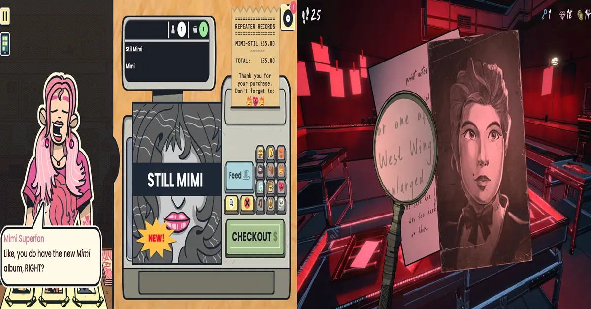 Captura de pantalla del juego que muestra el mostrador de la tienda de discos en Wax Heads junto con elementos de puzle de Blue Prince.