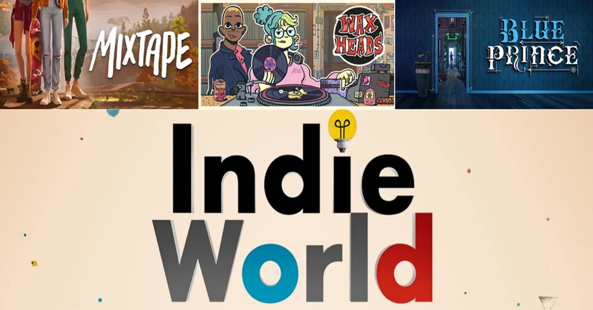 Un colorido collage que presenta juegos de PC independientes baratos en mayo de 2026, incluidos Mixtape, Wax Heads y Blue Prince.