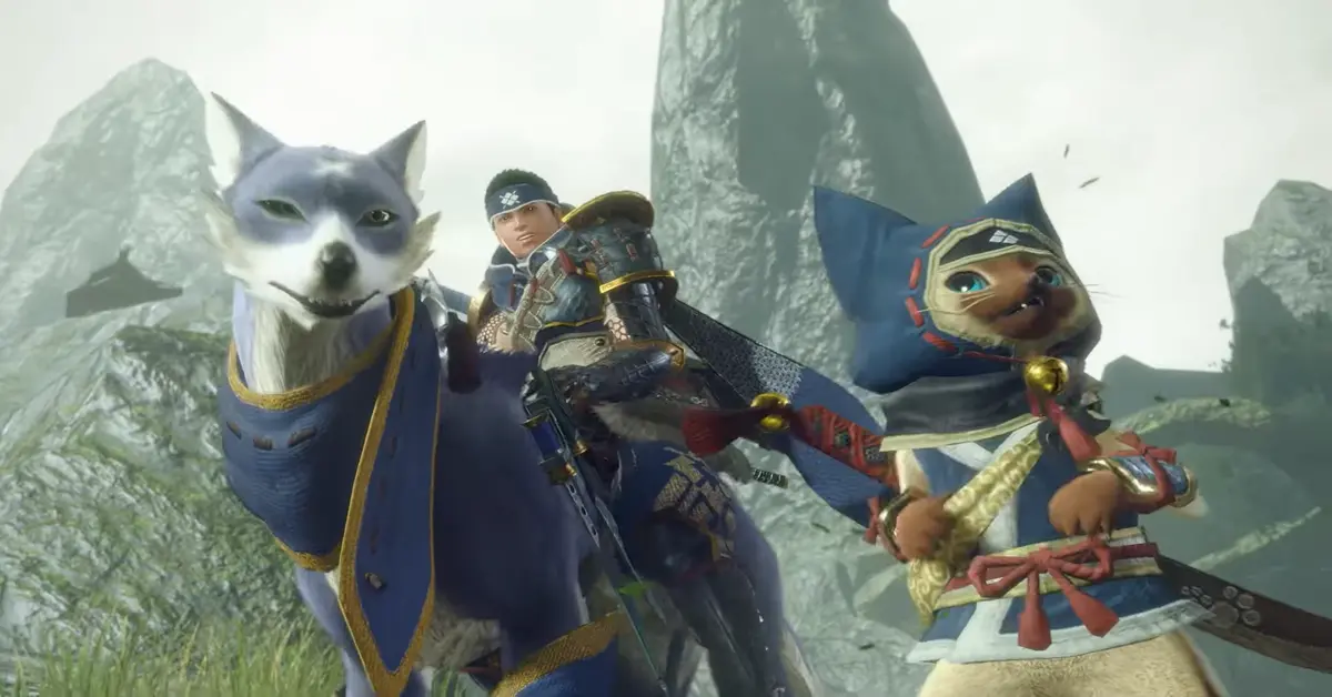 Dos cazadores montando Canynes junto a un compañero Felyne en Monster Hunter Rise.