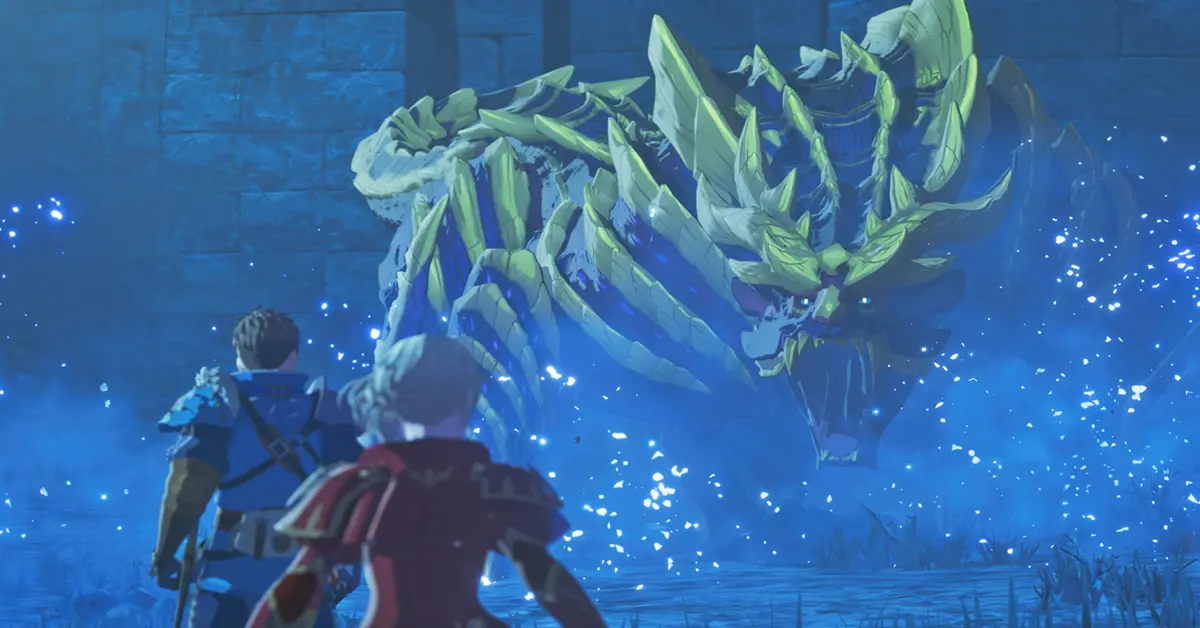 Interfaz de combate por turnos mostrando a un Ranger y un Rathalos frente a un monstruo infectado por cristal.