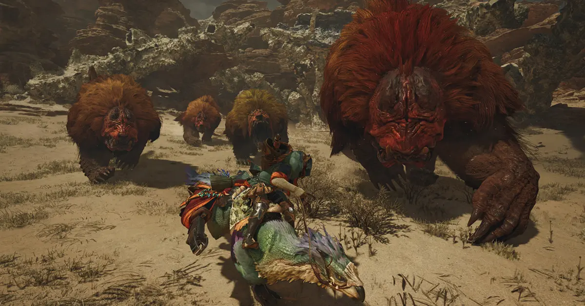 Un personaje de Monster Hunter Wilds frente a una enorme bestia del desierto