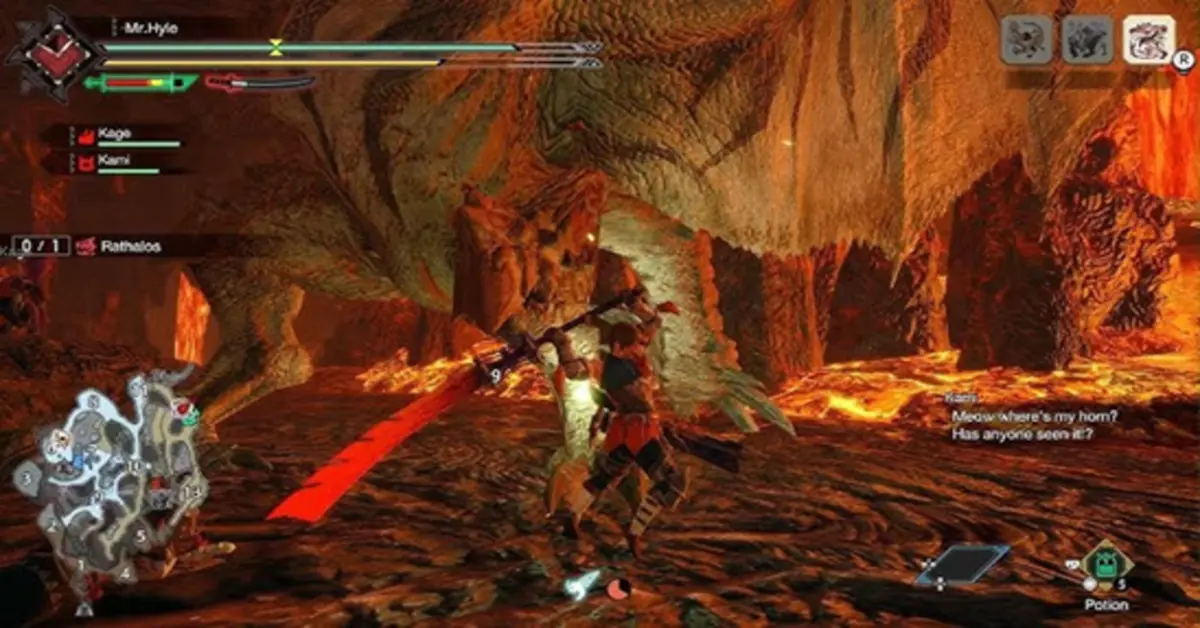 Un cazador empuñando una Gran Espada se enfrenta a un Rathalos que escupe fuego en una arena volcánica.