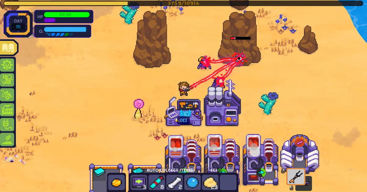 Una vista detallada de los elementos de construcción de bases en 2D y gestión de recursos en Nova Lands.