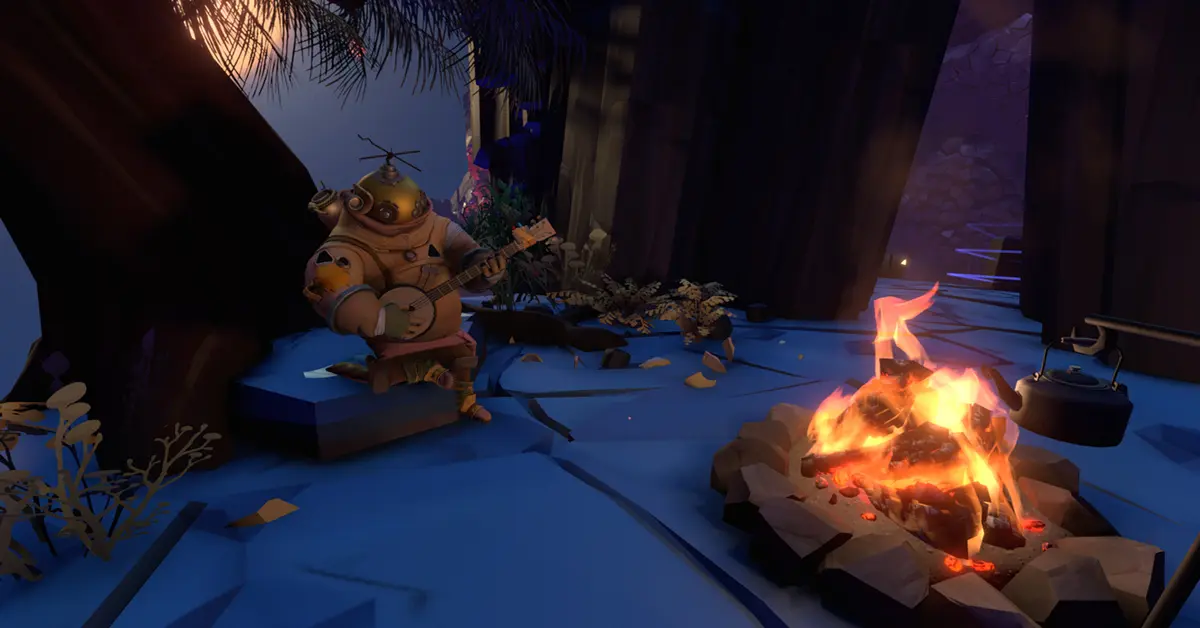 Un personaje jugador de pie sobre una superficie planetaria en ruinas en Outer Wilds.