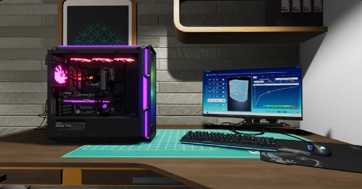 PC gaming montado a medida con iluminación RGB brillante en PC Building Simulator 2