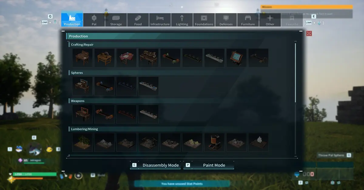 Interfaz de fabricación de la base de Palworld que muestra el nuevo sistema de almacenamiento de planos.