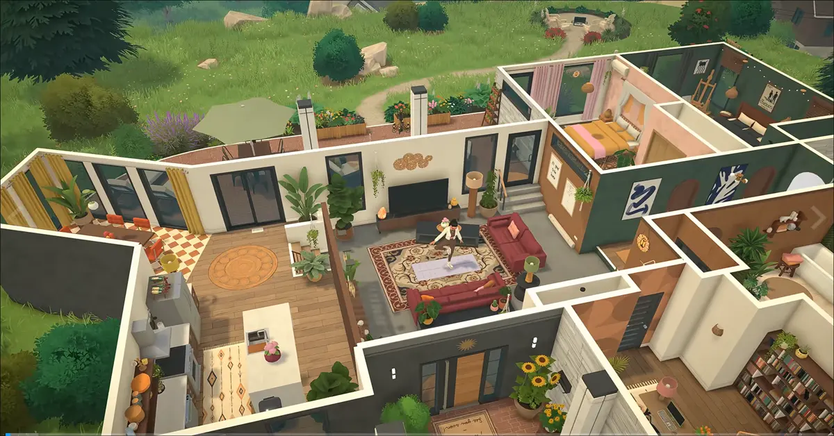 Gameplay de Paralives que muestra a un personaje en una casa detallada construida a medida