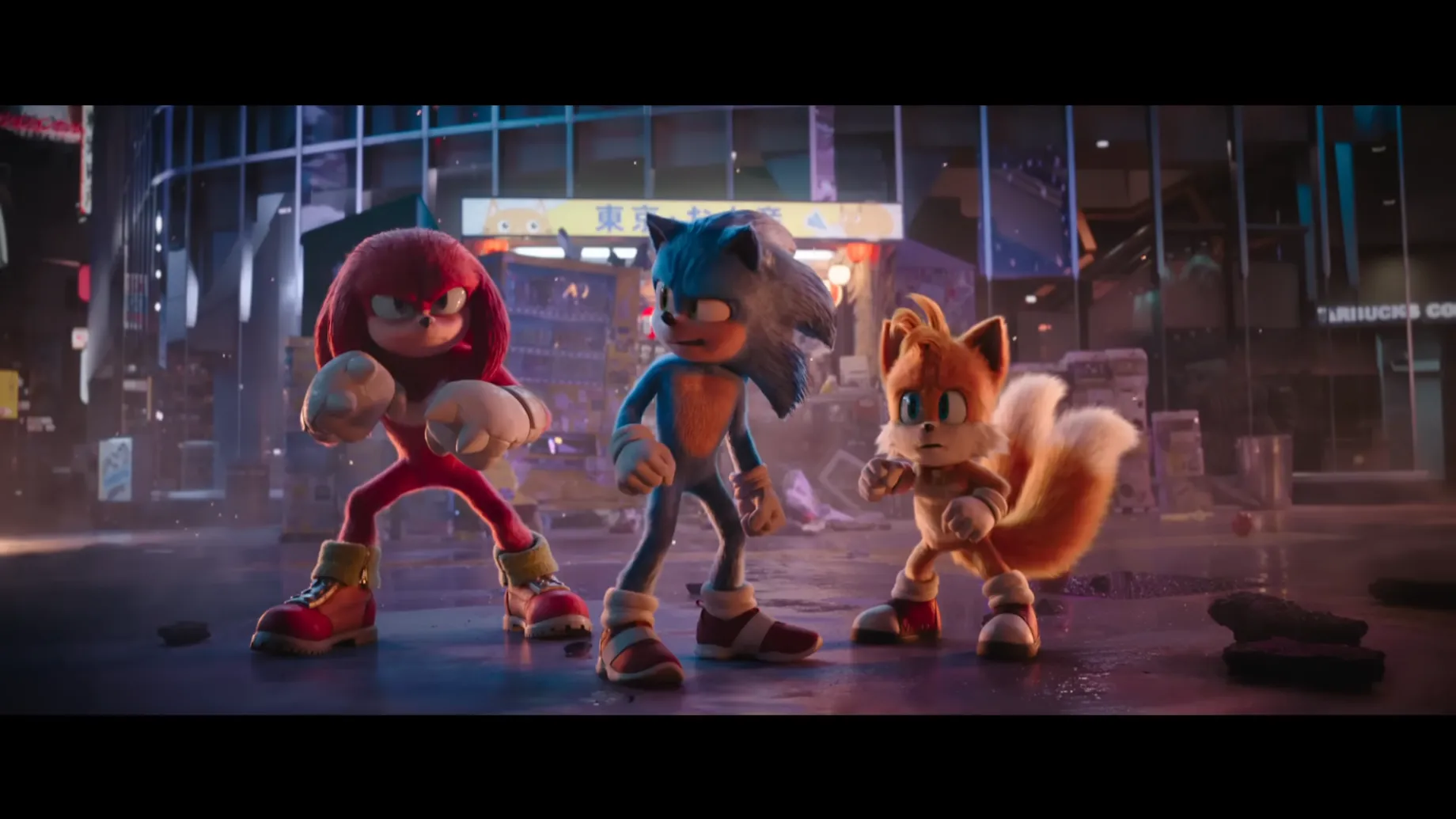 Sonic, Tails y Knuckles en una calle