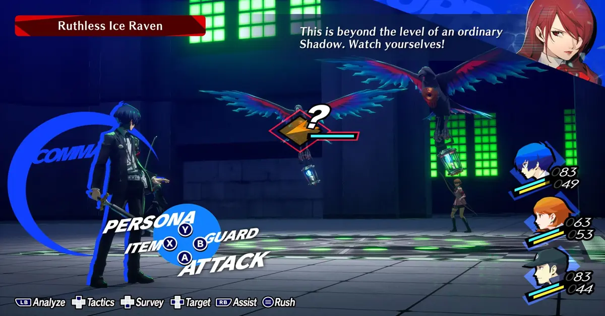 Interfaz de combate por turnos de Persona 3 Reload mostrando la mecánica 