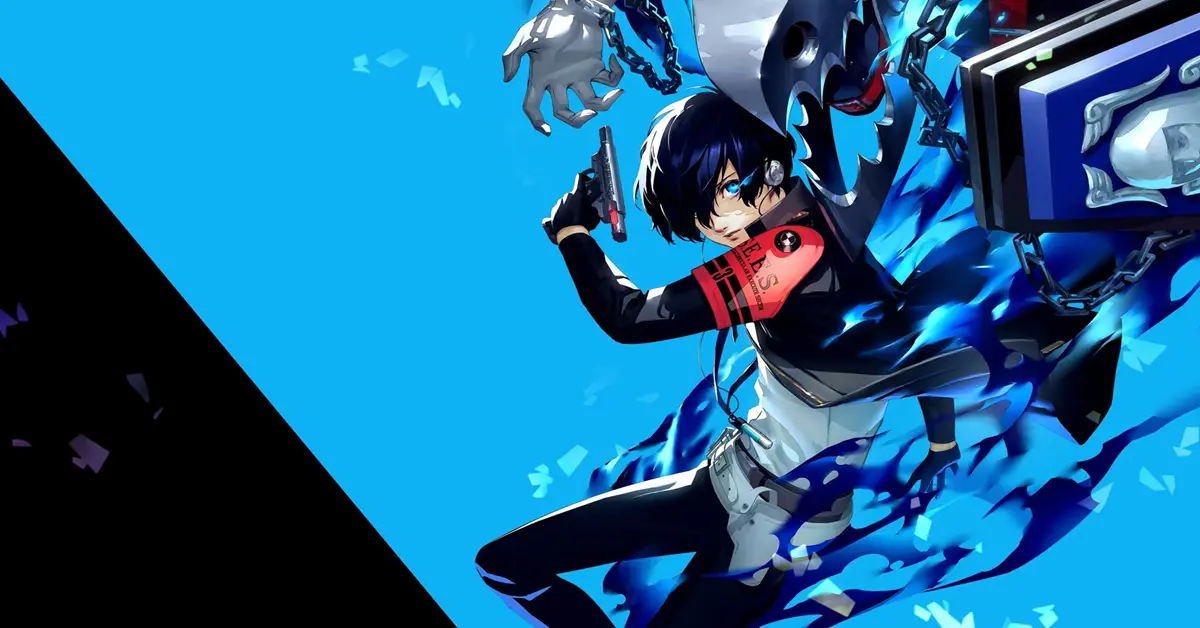 Protagonista de Persona 3 Reload con su Evoker en un fondo azul estilizado.