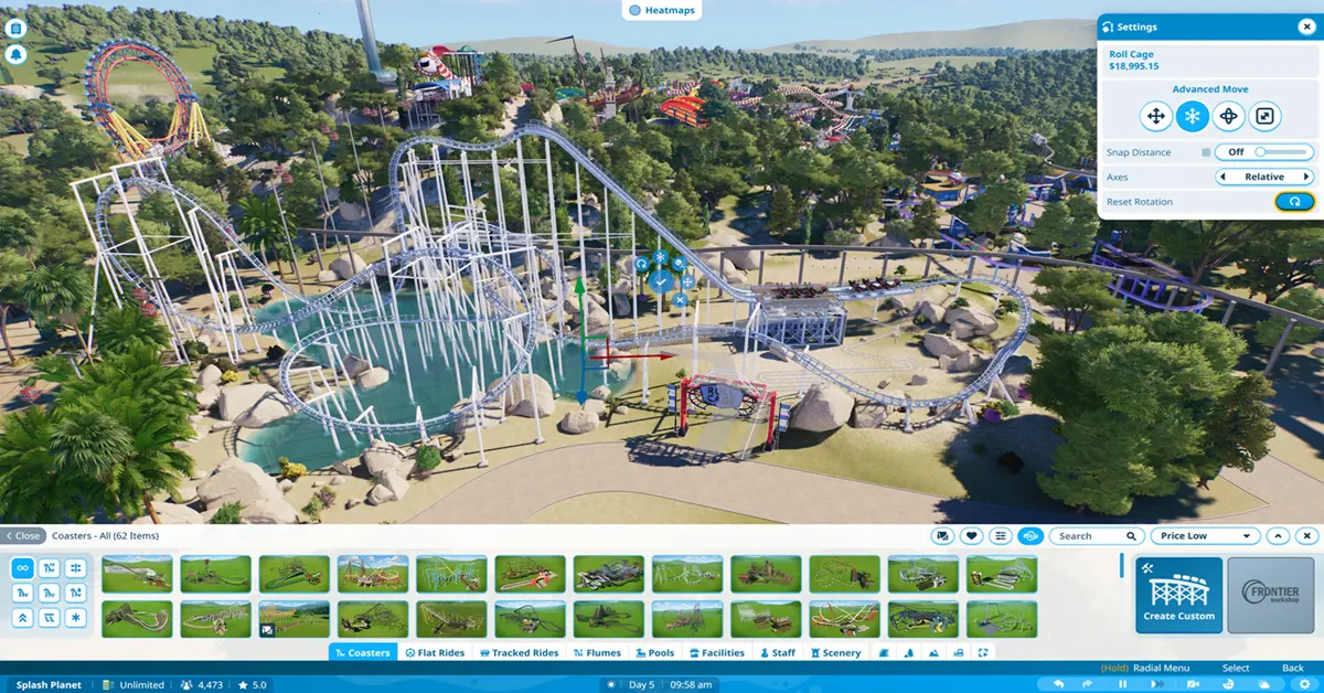 Interfaz de usuario detallada sobre gestión de parques o construcción de parques acuáticos en Planet Coaster 2