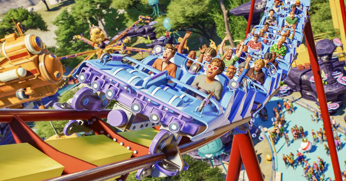 Gameplay de parque acuático y montaña rusa en Planet Coaster 2