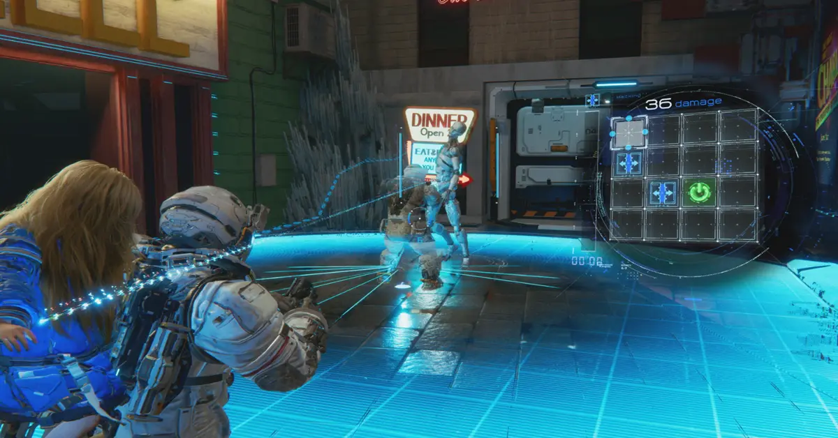 Captura de pantalla del gameplay de Pragmata que muestra el combate contra enemigos robóticos en un entorno lunar distorsionado.