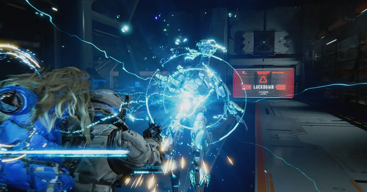 Hugh y Diana interactuando dentro de la base lunar controlada por la IA en PRAGMATA.