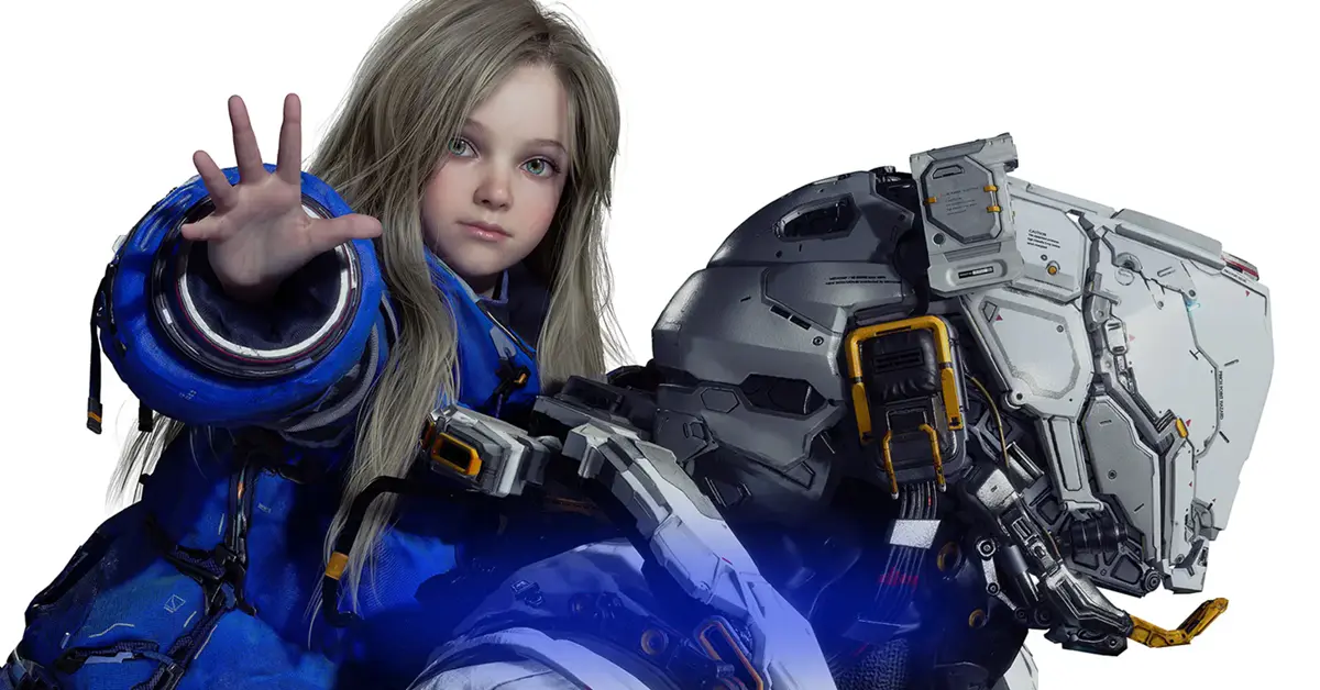 Arte oficial de Pragmata que muestra a un protagonista con traje espacial y a una niña mirando la Tierra desde la luna.