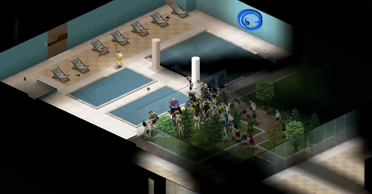 Gameplay isométrico de Project Zomboid que muestra mecánicas de supervivencia en un apocalipsis zombi