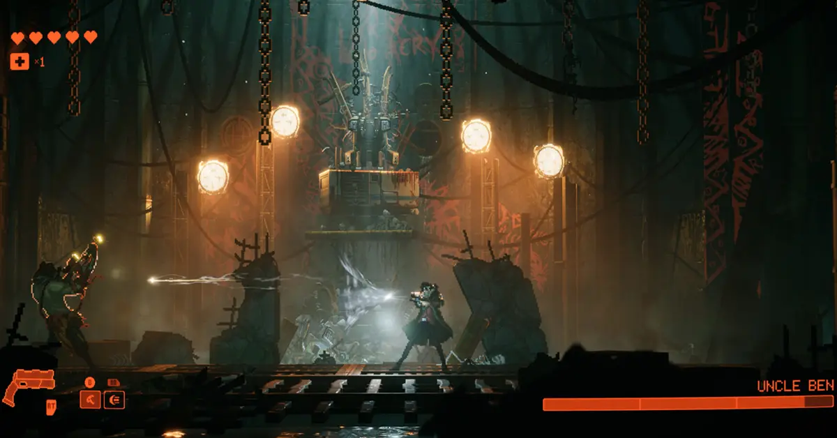 Primer plano de R.E.A.C.H. en postura de combate contra enemigos en un callejón oscuro.