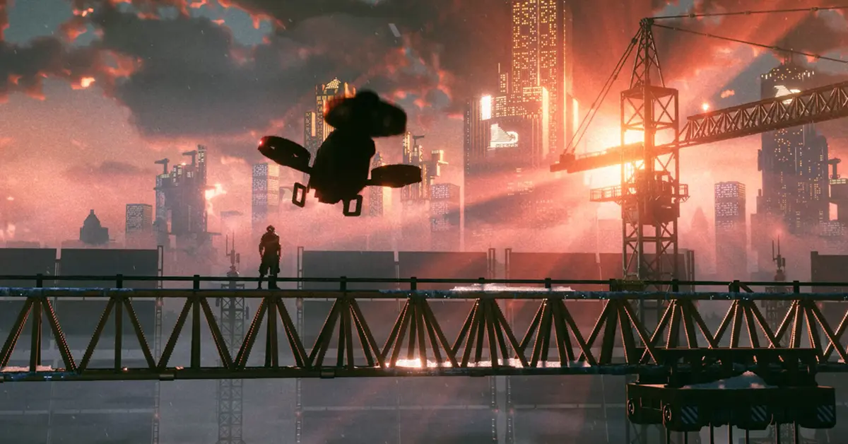 El protagonista de REPLACED, R.E.A.C.H., contemplando una ciudad distópica en pixel-art de noche.