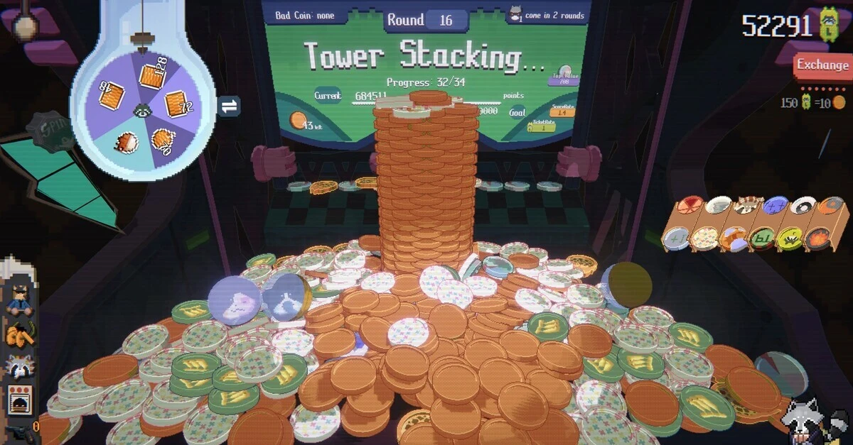 Prueba diferentes combinaciones de objetos hasta alcanzar el éxtasis con torres de monedas caóticas.