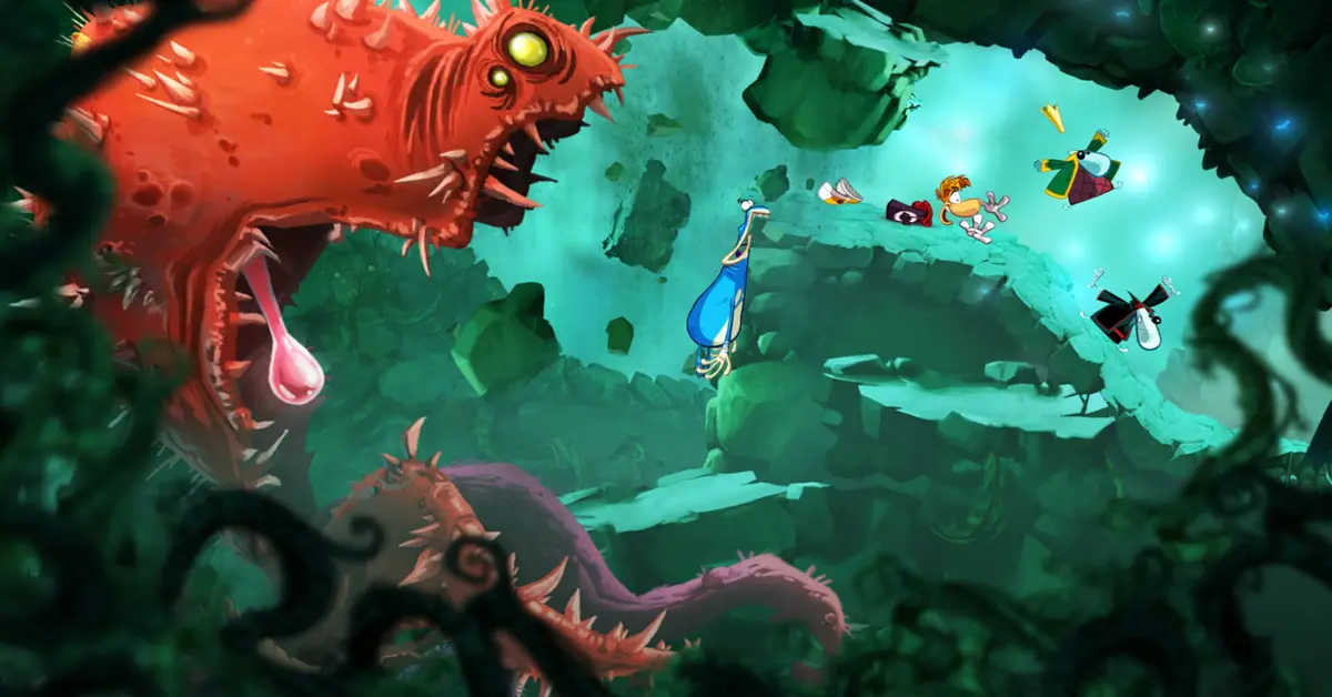 Cuatro jugadores controlando a Rayman, Globox y dos Diminutos en una secuencia cooperativa de plataformas.
